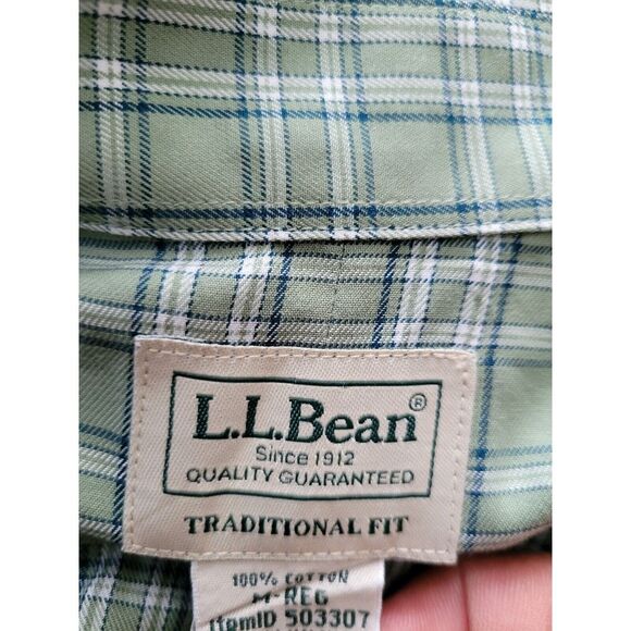 LL Bean Men's Traditional Fit Long‎ Sleeve Cotton Green Check Shirt Medium - Picture 5 of 8